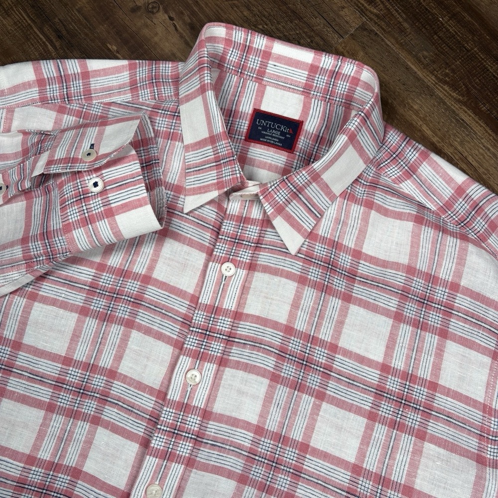 UNTUCKit Mens Large Campanha Red White Plaid 100% Linen Shirt Wrinkle Resistant